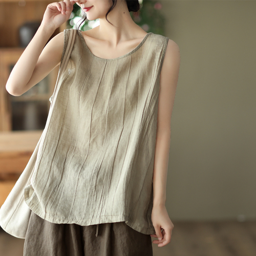 2022 summer new Pure Cotton Retro cotton hemp vest women's loose solid color versatile sleeveless top looks thin inside