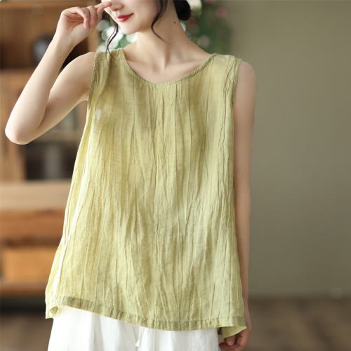 2022 summer new Pure Cotton Retro cotton hemp vest women's loose solid color versatile sleeveless top looks thin inside