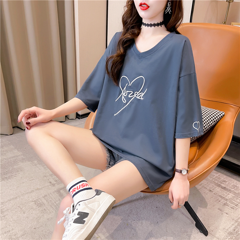 Real shot fat oversized loose upper collar embroidered slim short sleeve T-shirt for female summer Korean version