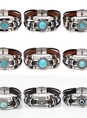 新款复古民族风绿松石猫眼多根皮质不锈钢手链 欧美饰品