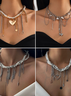 necklace women欧冷淡风爱心珍珠吊坠项链个性流苏合金链条