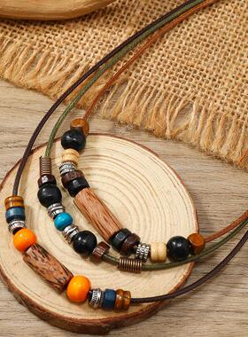 复古文艺风木珠合金多层手工编织可抽拉项链 朋克风多层饰品