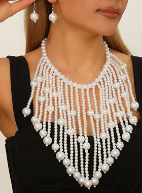 新款流苏夸张欧美仿珍珠项链耳环套装围脖链会饰品necklace