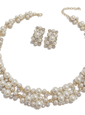 Pearl necklace earrings欧美时尚珍珠水钻短款新娘项链耳钉套装