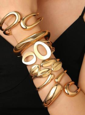 欧美跨境个性几何金色宽面合金光面弹簧开口手镯女朋克简约项圈