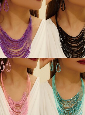 necklace women时尚简约民族风米珠项链耳环套装necklace
