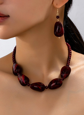 复古酒红色串珠项链耳饰套装女