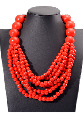 Stage wooden necklace earrings欧美木珠多层流苏波浪短款项链锁