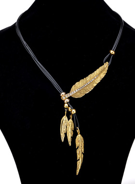 欧美羽毛树叶镶钻黑皮绳多层流苏项链女士锁骨链毛衣链necklace