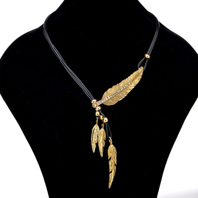 欧美羽毛树叶镶钻黑皮绳多层流苏项链女士锁骨链毛衣链necklace