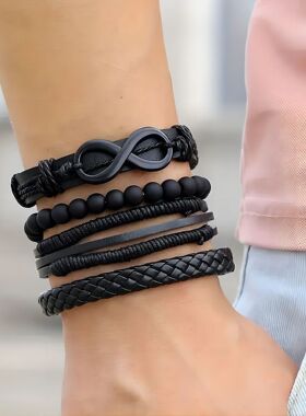 跨境热卖无限8字配饰4件套牛皮手链手工编织复古时尚手环工厂现货