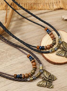 necklace women欧美文艺复古蝴蝶合金多层木珠打结可抽拉手工编织