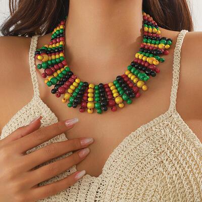 Retro wooden bead necklace multi-layer braided color复古项链