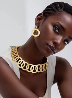 necklace women钱币拼接圆形金属项圈耳环套装SHEI项链非洲choker