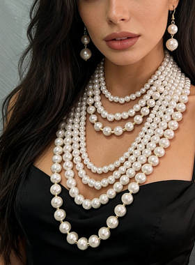 欧美时尚珍珠多层毛衣链女轻奢