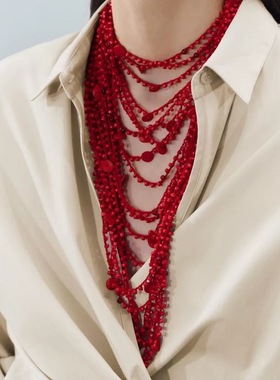 欧美复古波西米亚民族风红色串珠项链多层叠戴颈链女式配饰