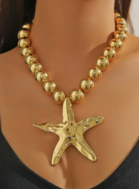 欧美海洋度假风波西米亚仿珍珠复古串珠海星海螺吊坠项链necklace