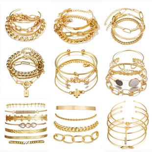 金属手链套装 粗链条手链光面多层开口手镯 欧美个性