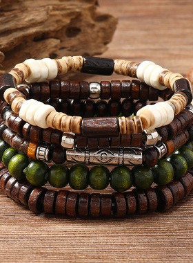 亚马逊跨境手工串珠手串男士复古风多层弹力线木珠椰壳手饰