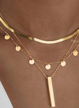 necklace women欧美新款小圆片个性流苏长条吊坠项链叠蛇骨链锁骨