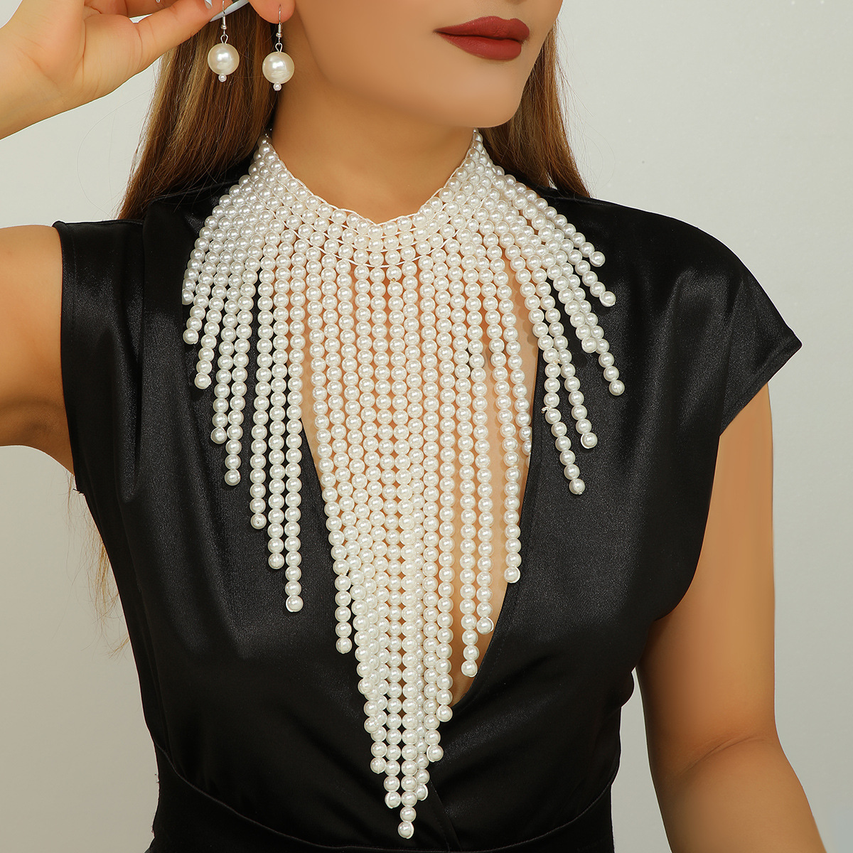 欧美夸张珍珠项链女时尚流苏颈链礼服脖子饰品锁骨链颈带项圈