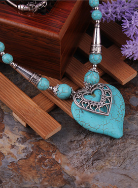 necklace women新款欧美时尚复古项链简约双层爱心绿松石短款合金