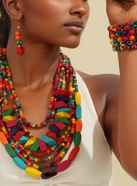 夸张复古7层木块项链手链耳环套装彩色女波西米亚手工饰品