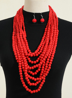 新款夸张民族风多层木珠毛衣链