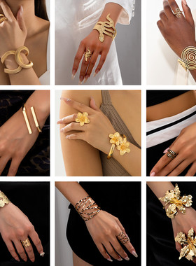 欧美时尚百搭2件套个性豹纹手镯戒指套装复古风格日常佩戴女套装