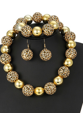 3件套夸张豹纹印花木珠拼圆珠项链耳环手链leopard necklace2025
