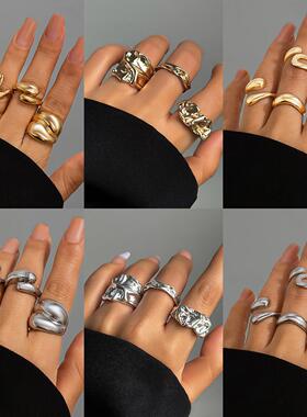 欧美设计感几何Ring小众开口指环食指戒子熔岩金属风弧形戒指