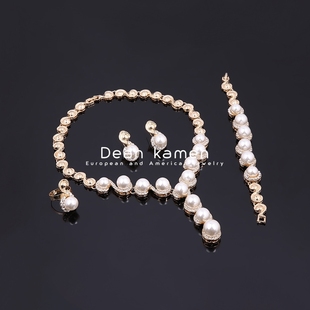 Wedding bride Pearl necklace earrings rings Set珍珠金属项链