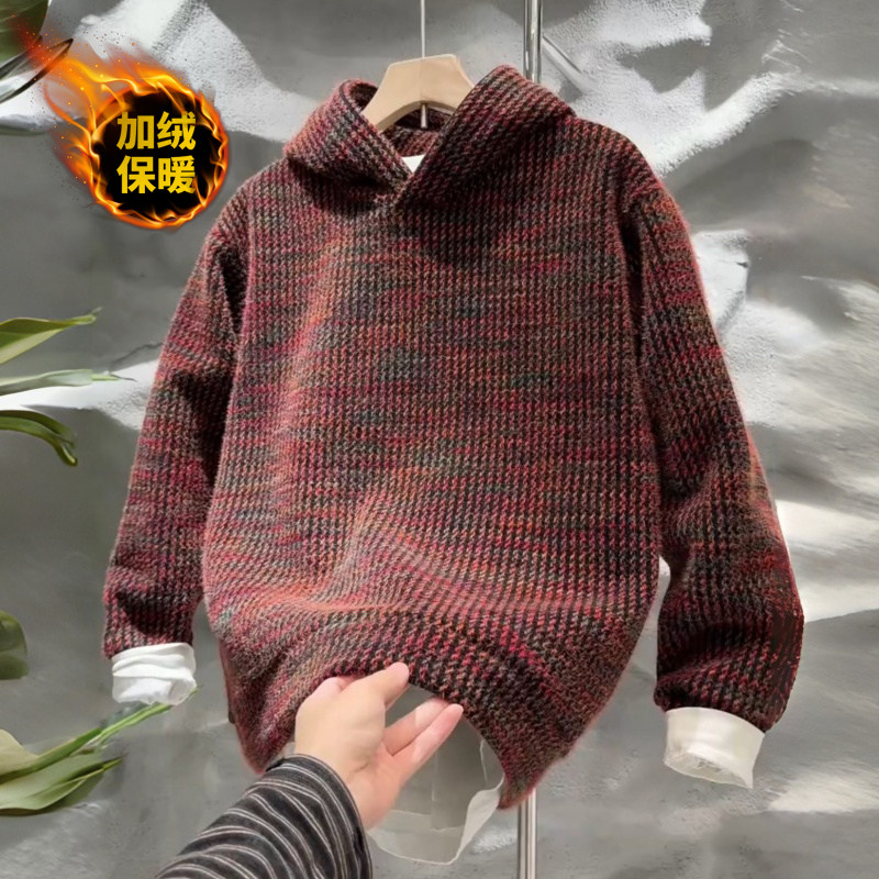 秋冬款重磅加绒加厚卫衣男士时尚针织连帽长袖百搭保暖休闲上衣男
