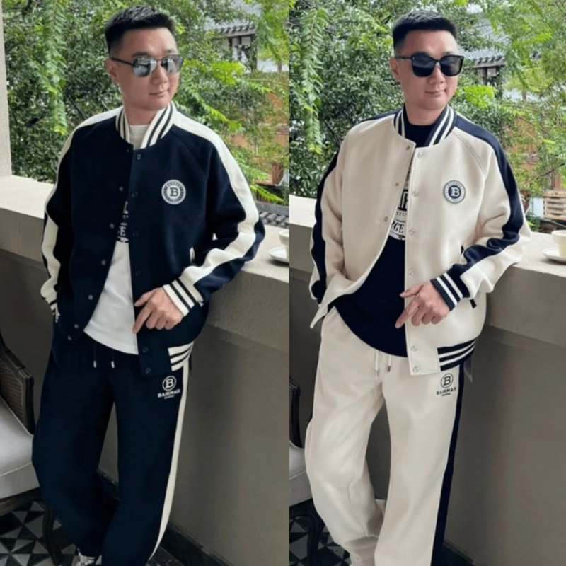 2026春季新款棒球领显瘦休闲运动套装男士卫衣拼色条纹卫裤一整套,男装,休闲运动套装,淘宝优惠券,粉丝福利购,淘宝优惠卷
