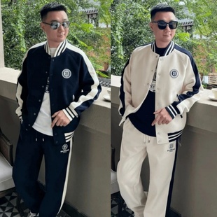 2026春季新款棒球领显瘦休闲运动套装男士卫衣拼色条纹卫裤一整套