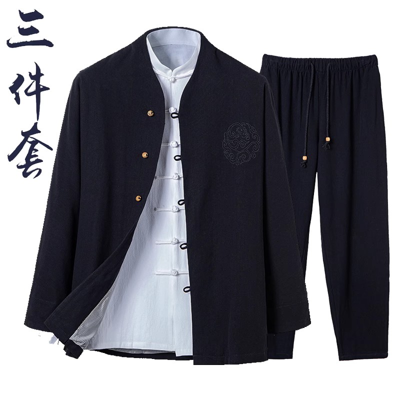 中国风 麻V领唐装男套装中式复古棉麻长袖青年汉服居士禅服三件套