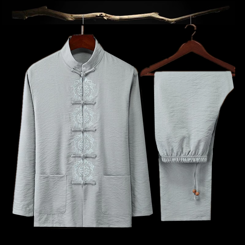 男士长袖春夏薄款唐装中国风复古汉服禅服刺绣中式休闲棉麻套装男