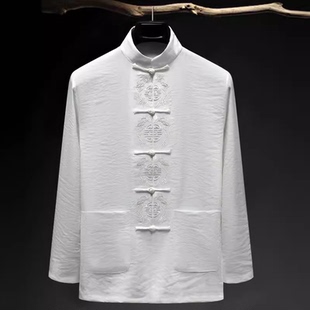 春夏唐装长袖衬衫立领中式男装居士服刺绣棉麻禅服上衣大码中国风