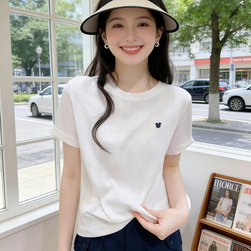 亚麻雪花棉刺绣短款显瘦T恤女
