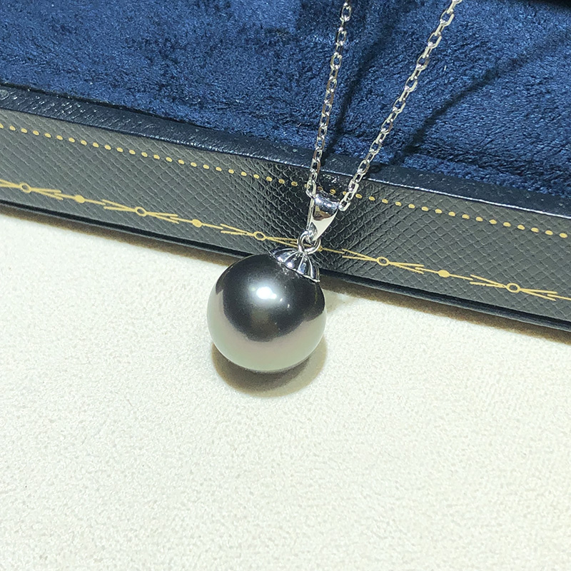 925银海水圆形吊坠黑色珍珠饰品