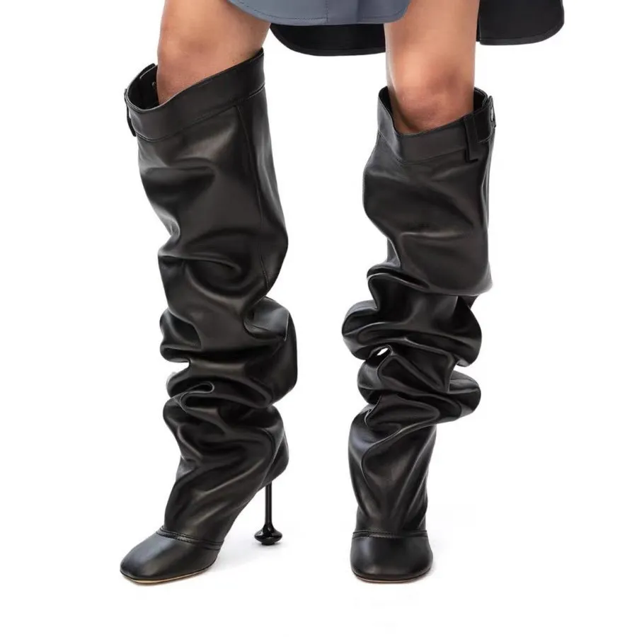 欧美风堆堆靴女绒面异形跟过膝长筒靴新款圆头拼接金属扣超高跟,女鞋,汉服鞋,淘宝优惠券,粉丝福利购,淘宝优惠卷