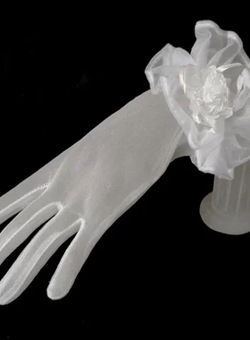 手套蝴蝶结菊花白色手袖蕾丝短女士薄纱网纱新娘婚纱婚礼透明