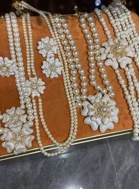 白色项链仙气锁骨链戒指耳环镶钻法式花朵珍珠山茶花优雅滴油