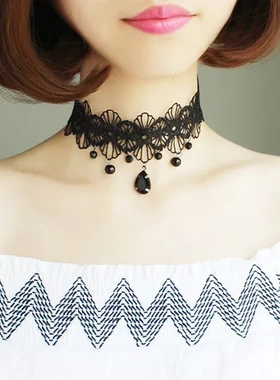 遮短款项链简约脖链锁骨链颈纹黑色水滴花朵气质choker贴镂空遮疤
