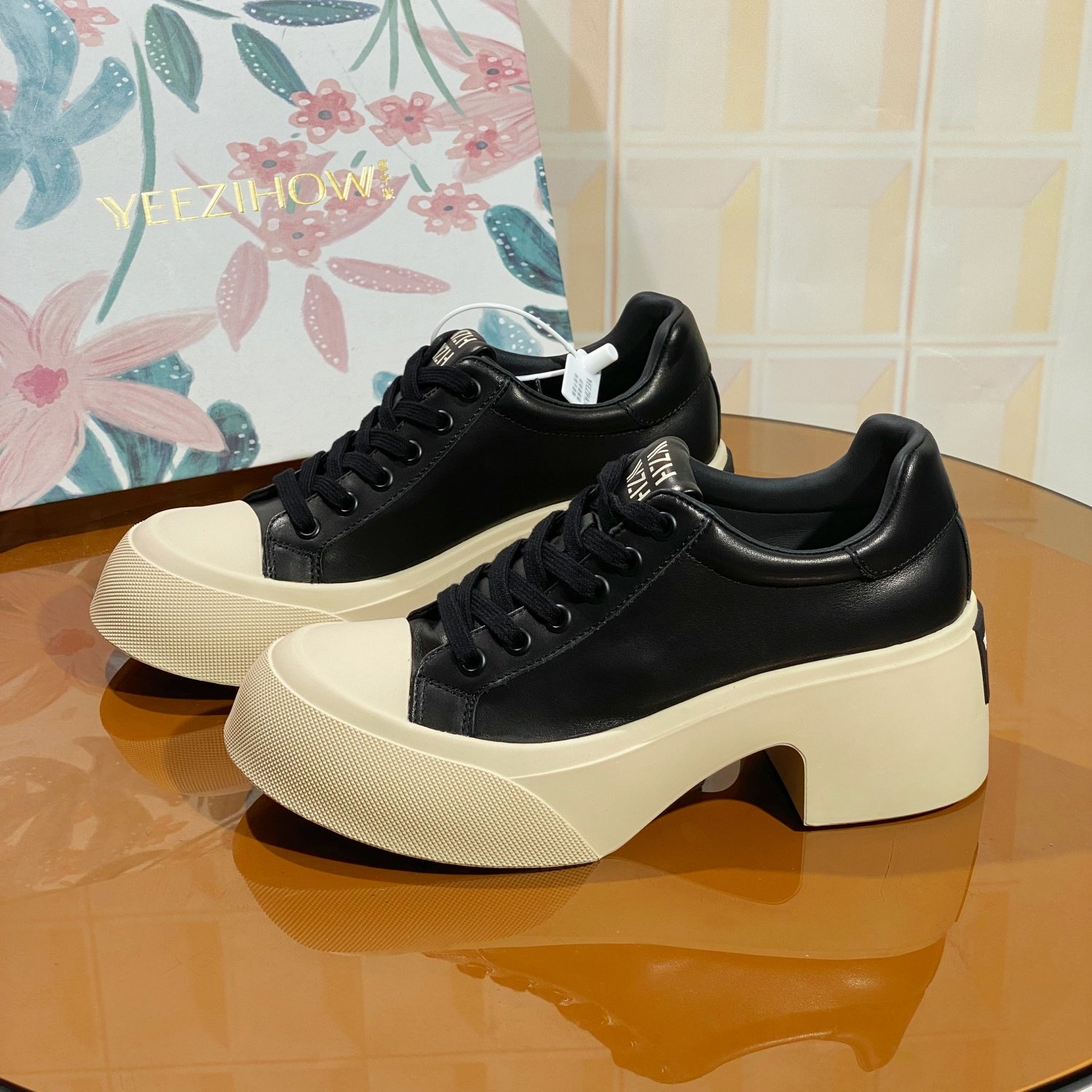 7189/6CM牛皮极简风厚底乐福鞋女黑色牛皮圆头系带中跟百搭休闲