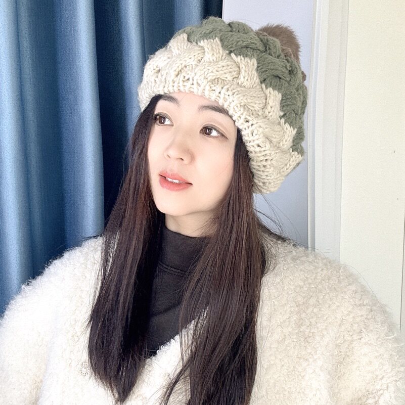 贝雷帽针织帽女冬好看气质兔毛球球毛线帽子拼接时尚韩版大衣潮帽
