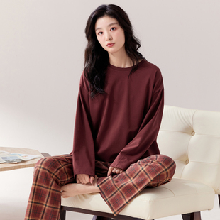 套装 2025新款 大码 秋冬家居服格子宽松长裤 睡衣女春秋柔软纯棉长袖