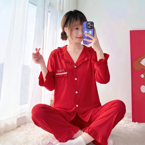 春秋款女纯棉睡衣两件套