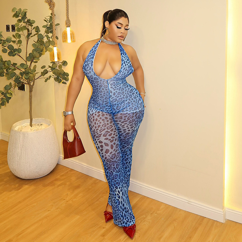 欧美风跨境豹纹女装印花小众新款薄透连体裤挂脖包臀运动潮连体衣
