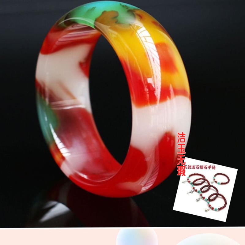 和田七彩飘花戈壁玉石加宽手镯子女款七彩飘花玉手镯